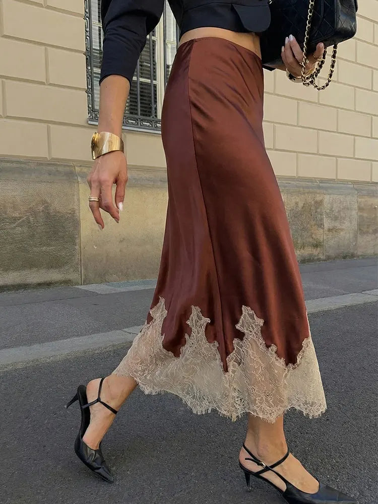 HH Women Elegant Fashion Patchwork Lace Hem Skirt Side Zipper H...