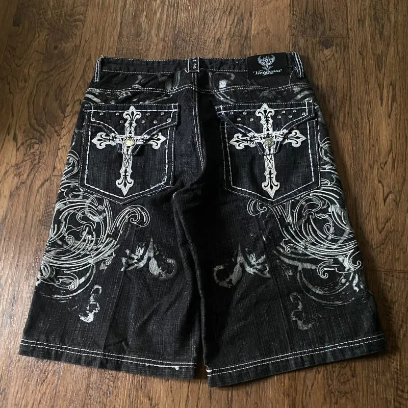 Y2K New American Fashion Pattern Letter Embroidery Baggy Denim Shorts Women Street Vintage Hip Hop Casual Shorts Women Clothing